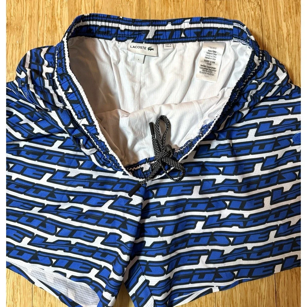 Lacoste Maillot De Bain Blue Swimwear Men's Size Large Black Back Logo And Print